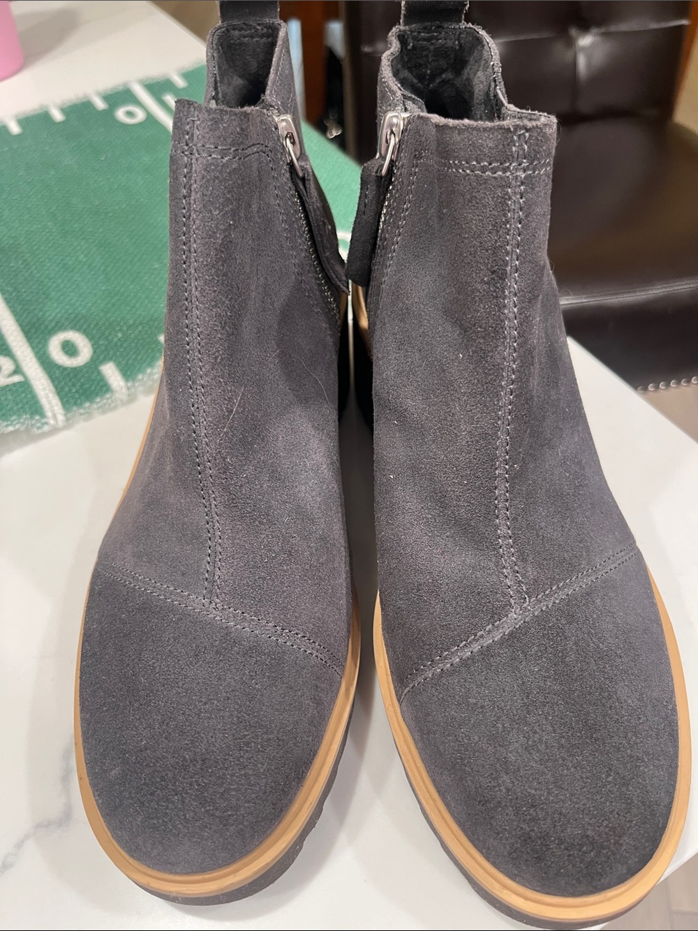 Women’s Gray Suede Chelsea Boots with Tan Sole